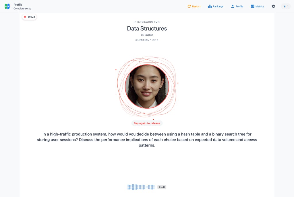 Intabiu interview session — AI interviewer asking a Data Structures question while recording the user's spoken answer in English